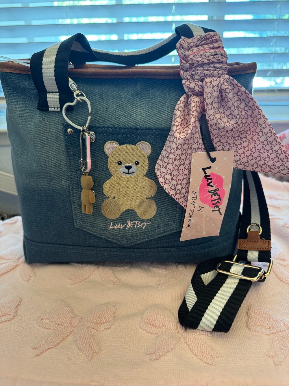 Luv Betsey Denim Tote with Pink Scarf and Teddy Charm